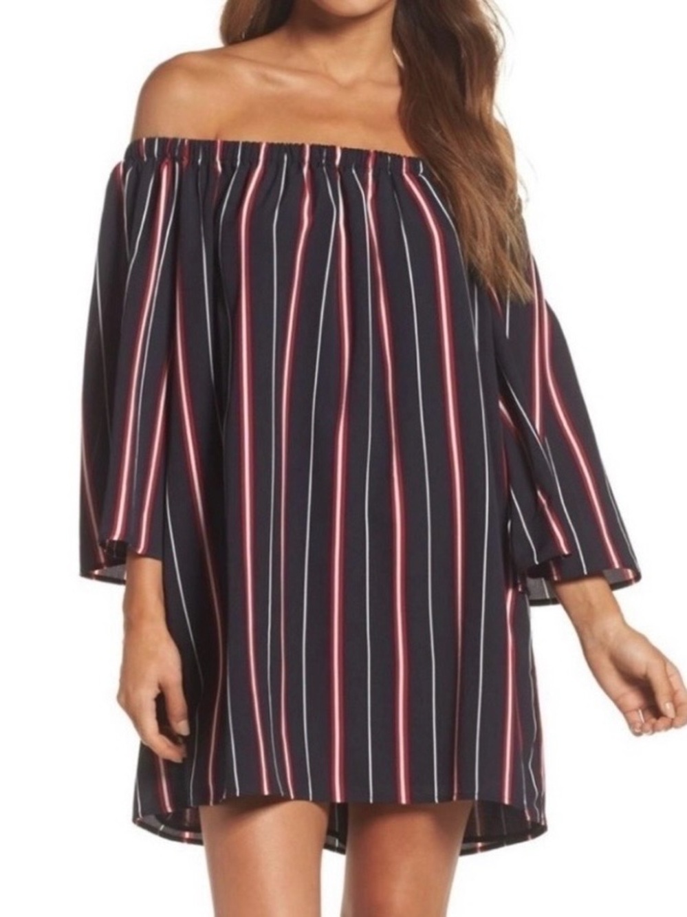 French Connection Hasen Striped Off Shoulder Dress. NWOT.  Size L